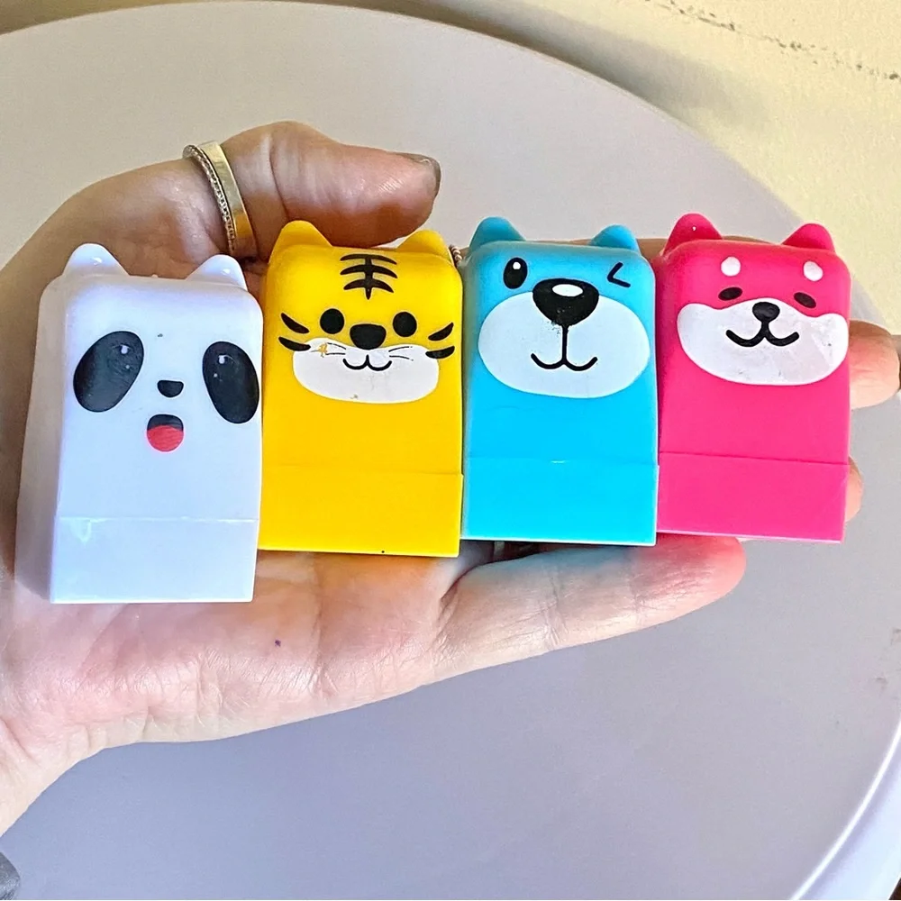 5/$25 Lip Balm 4pc animal set pink white blue and yellow scented fruits brand